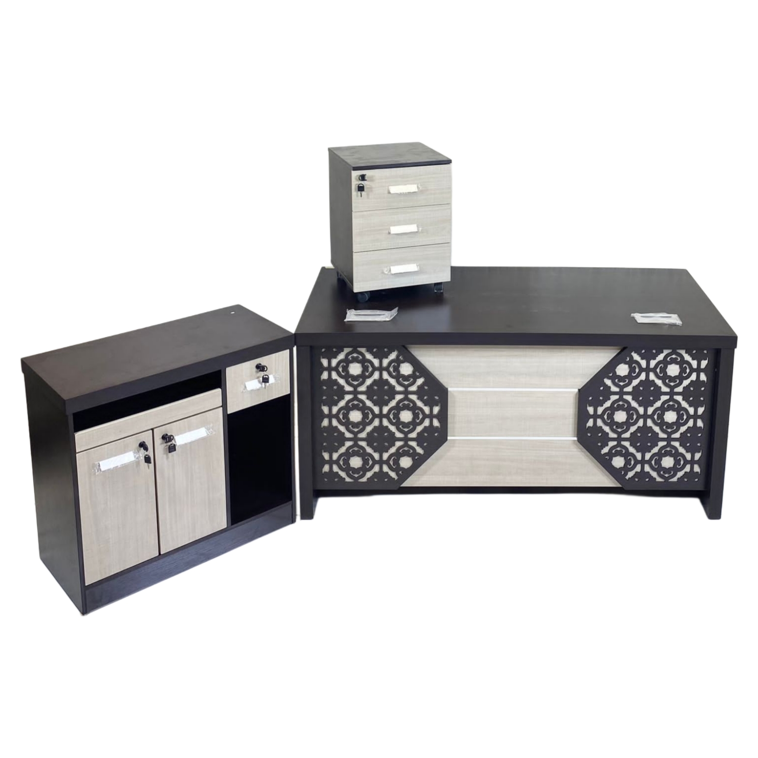  Charcoal black executive desk set with light wood-tone 