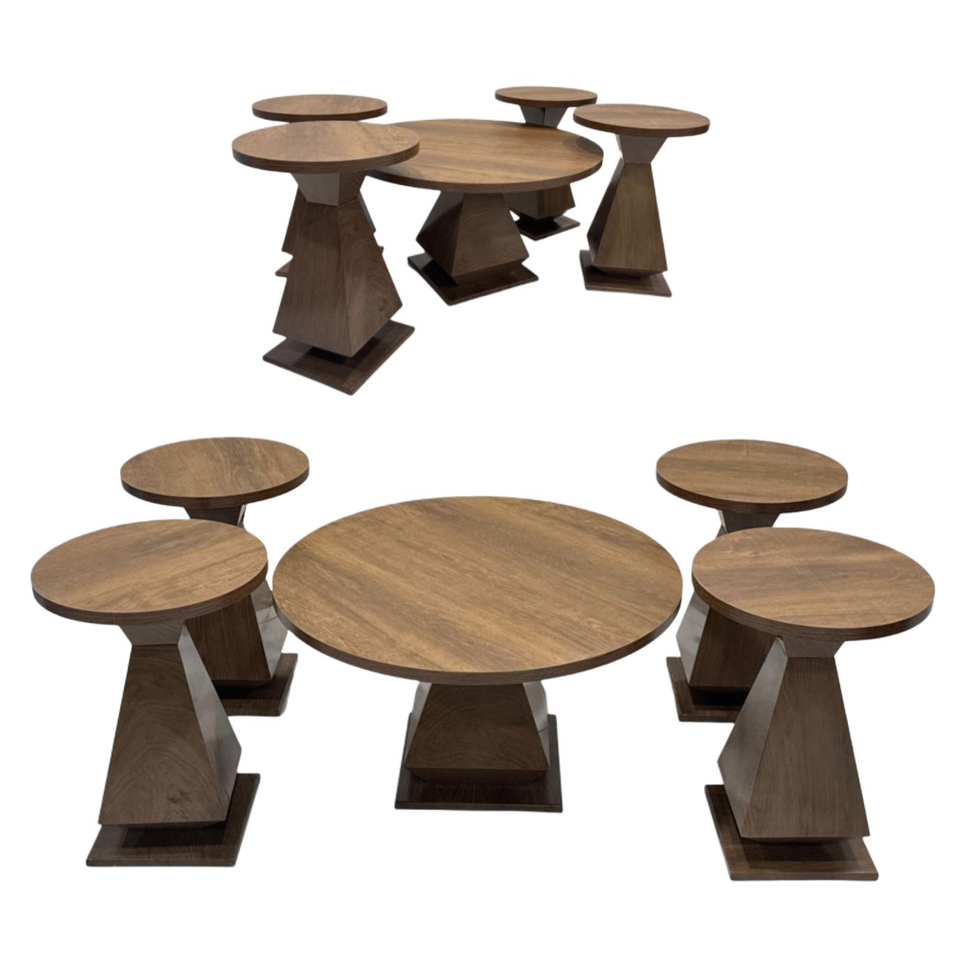  Wooden table set 5 pieces natural brown round design 