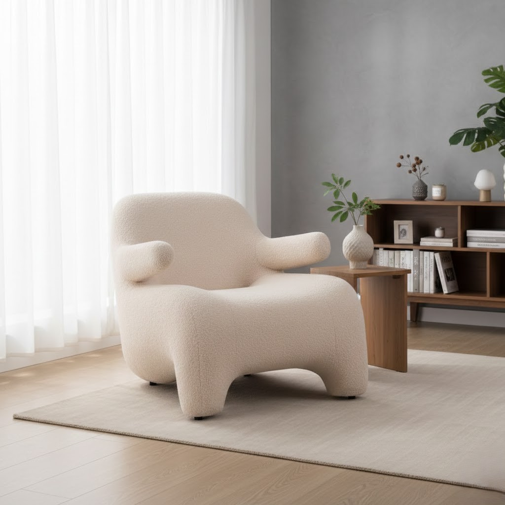  White single boucle armchair with soft design in living room 