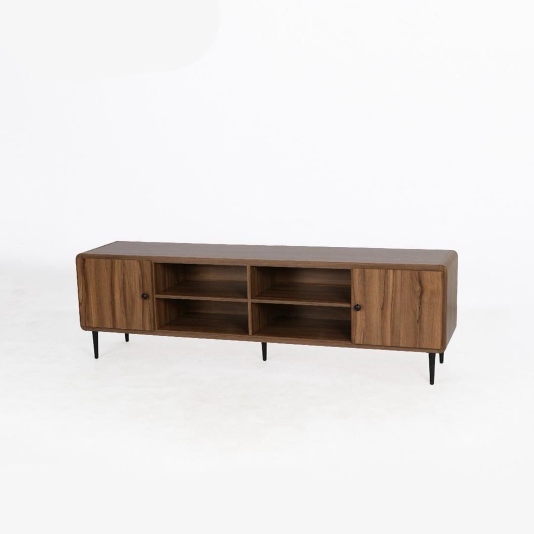  Brown wooden TV stand with open shelves 