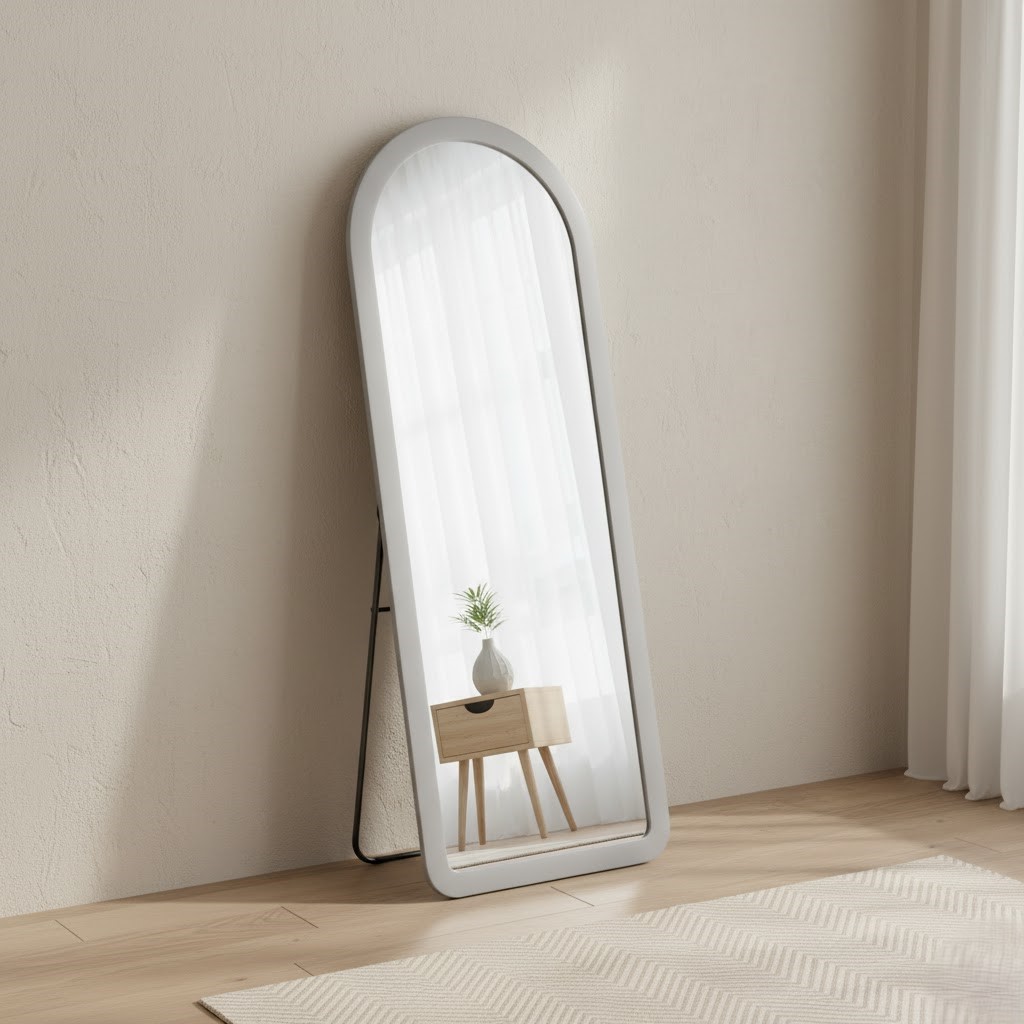 Elegant half-round standing mirror with grey frame in calm decor 