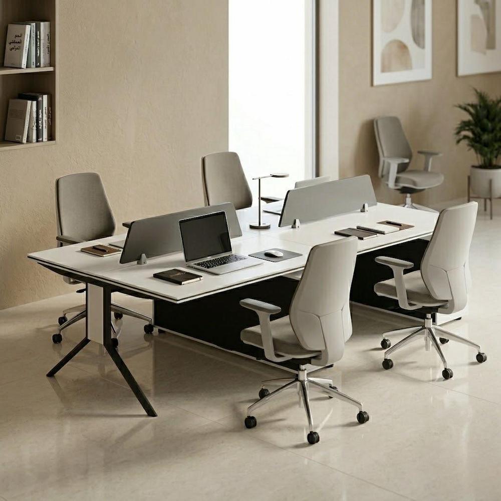  White and black double workstation desk in a modern office setting 