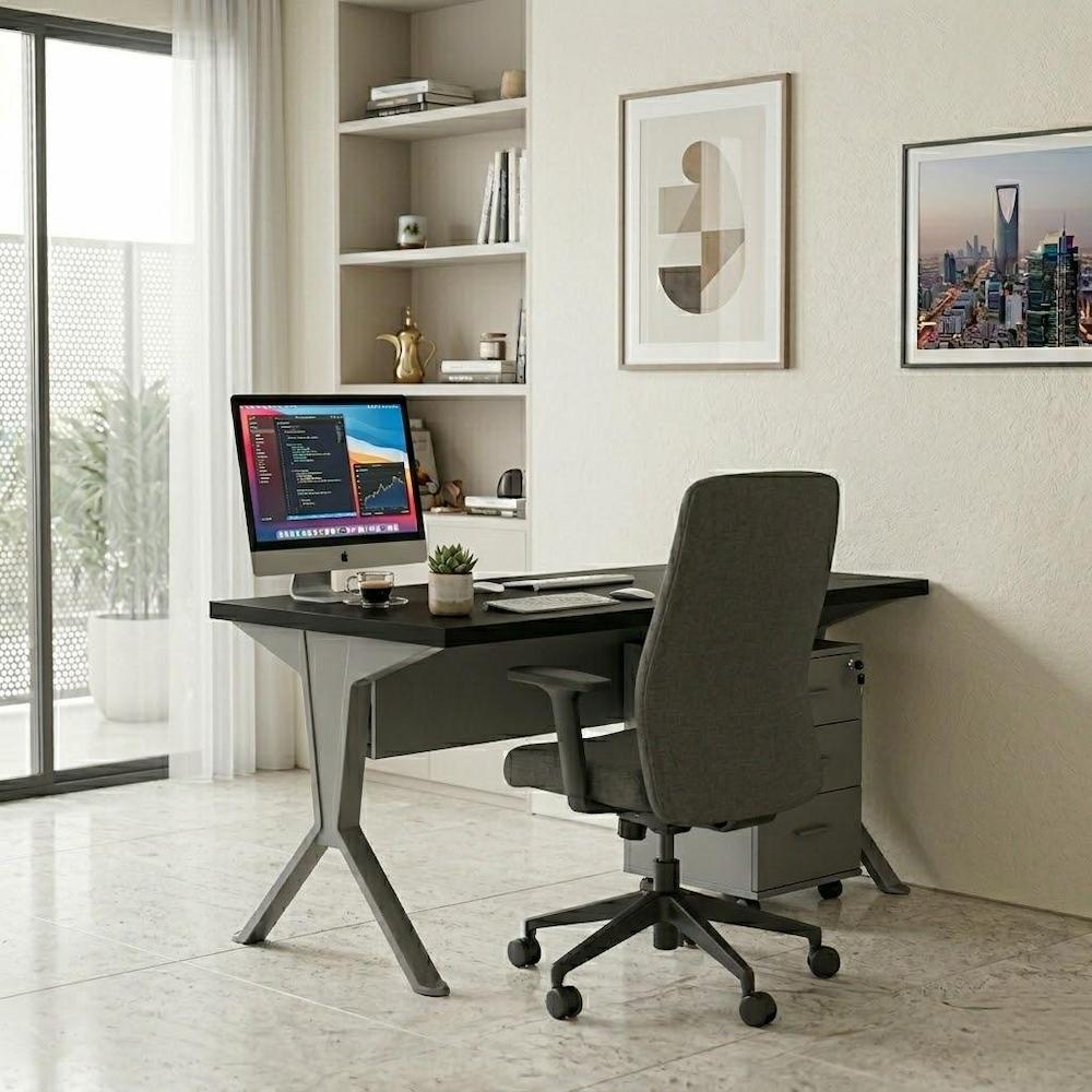  Black work desk with gray drawers in a modern home office 