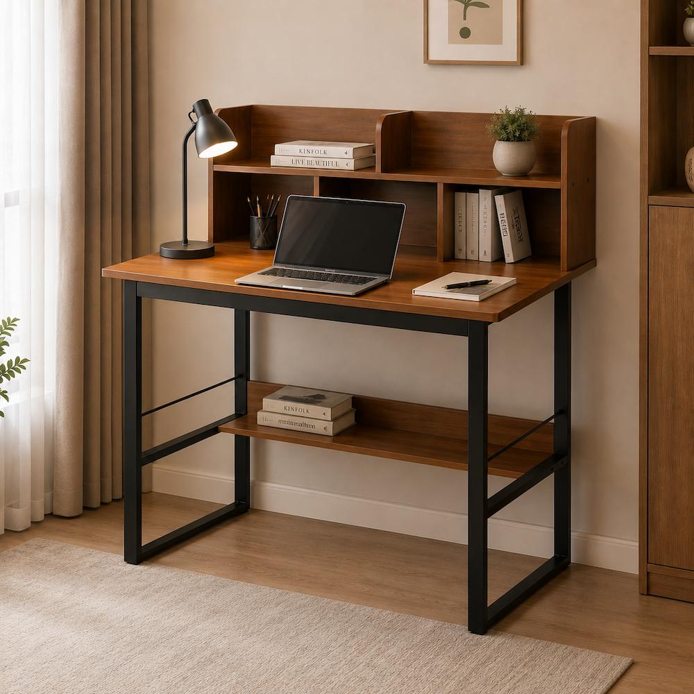  Brown wooden desk with shelves and black metal frame 
