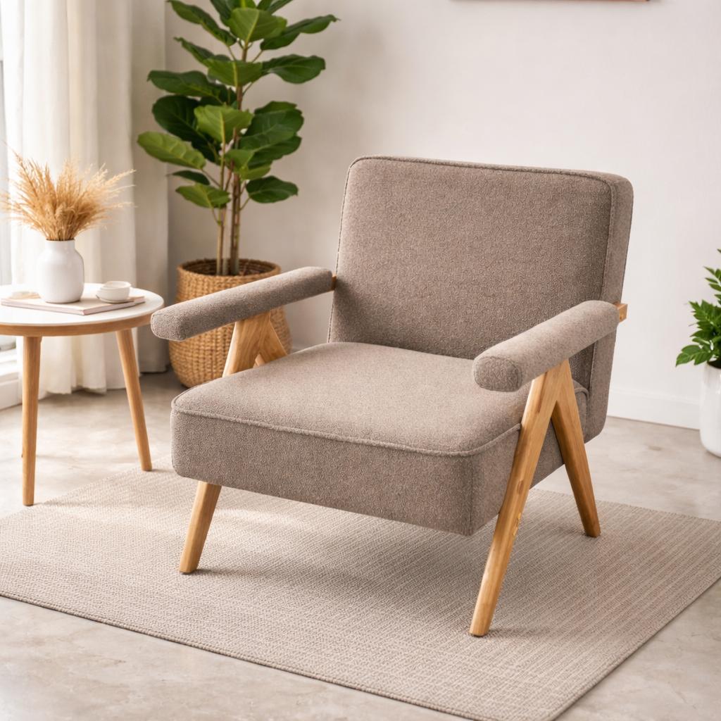  Fabric lounge chair in light brown color with wooden arms in modern home decor 