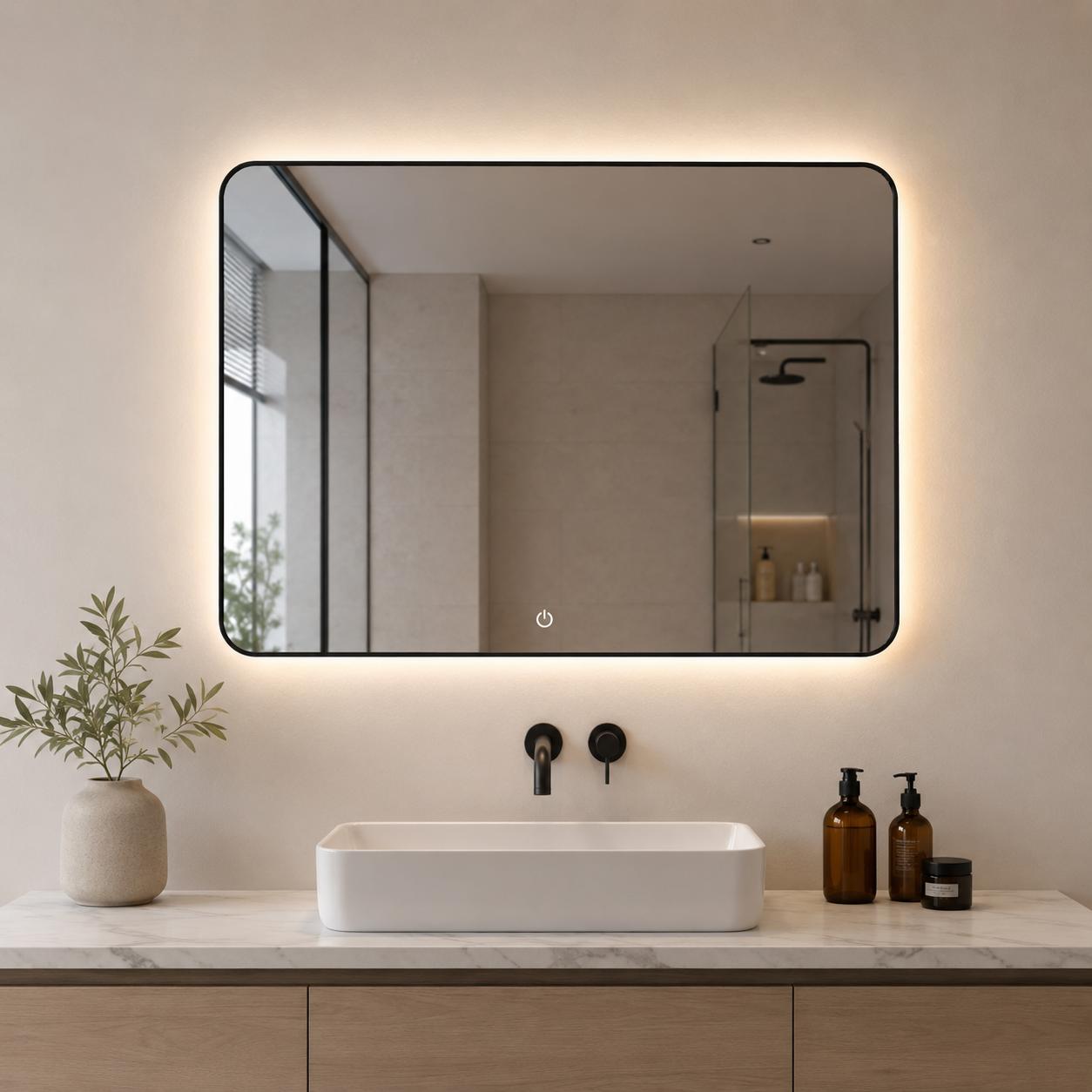  Horizontal LED wall mirror with black frame and rounded corners by Lamsat Furniture 