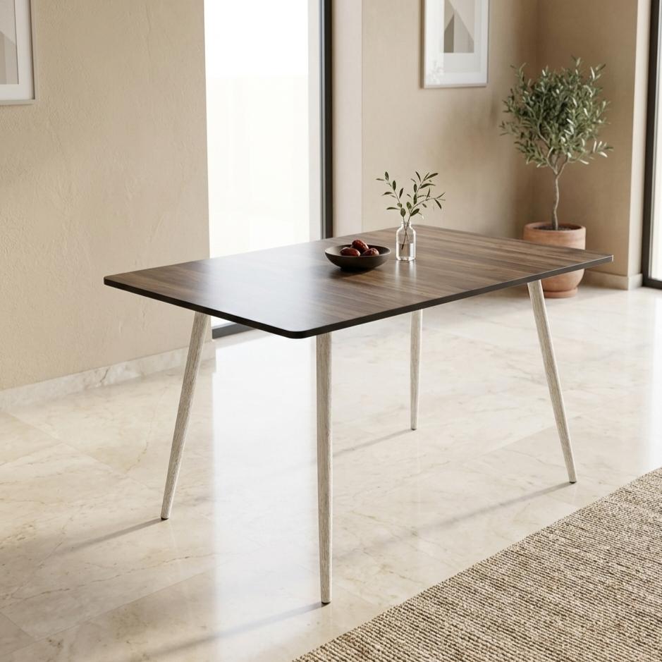  Dining table with brown wooden top and light color legs 