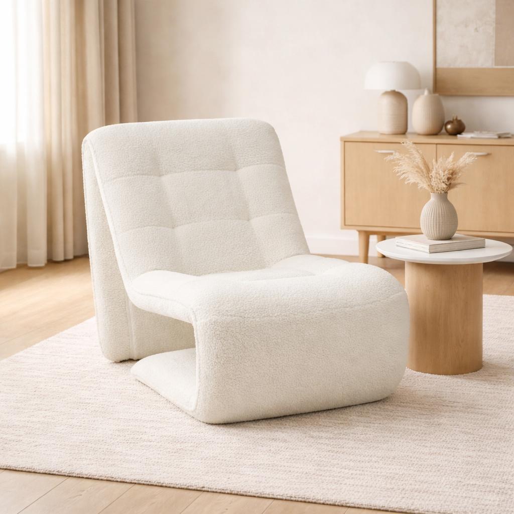  White boucle lounge chair, curved modern design 