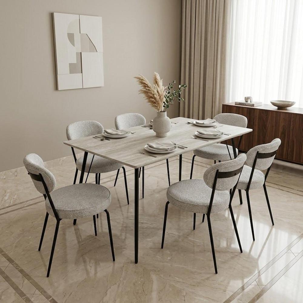  150x90 dining table with 6 light gray chairs in elegant room 