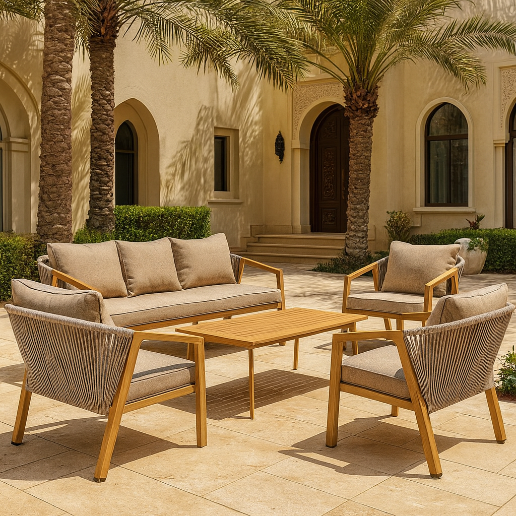  Luxury beige 5-piece outdoor patio set arranged elegantly in a natural courtyard 