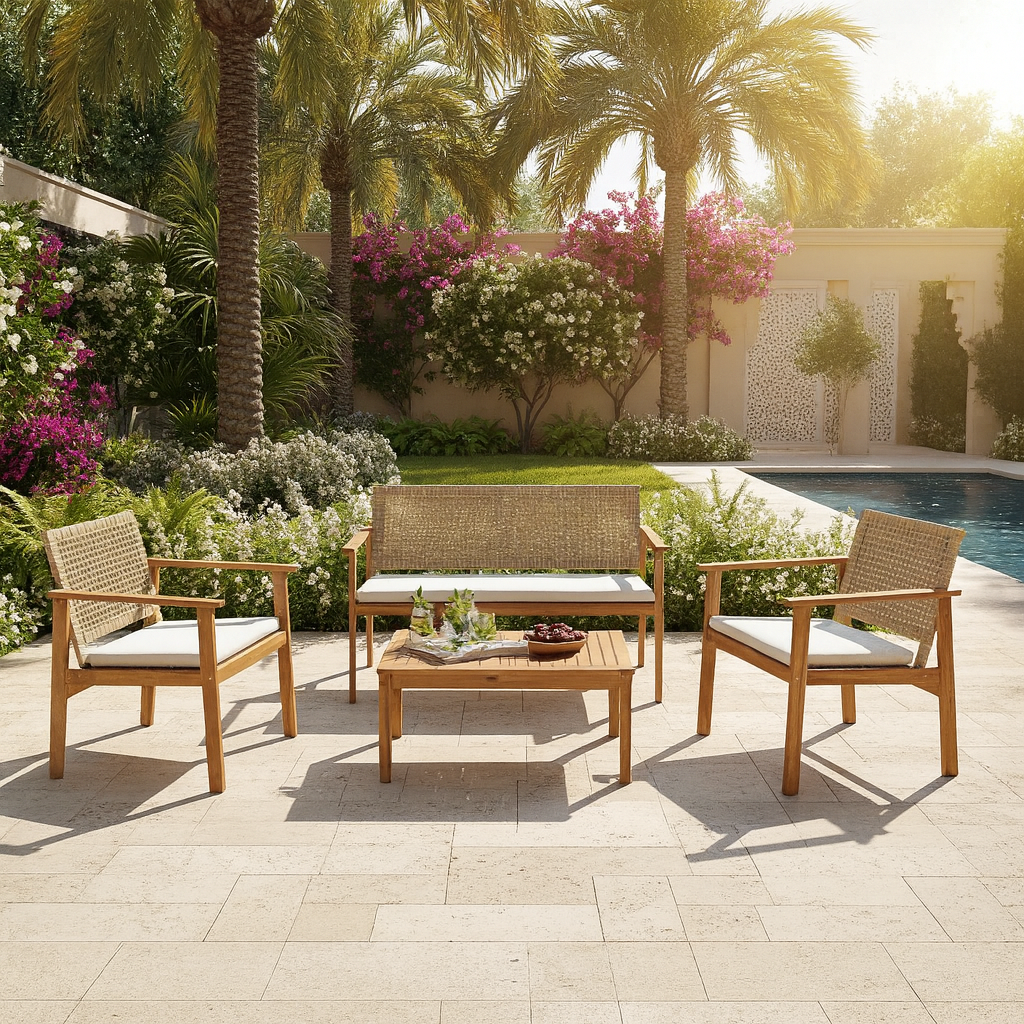  Elegant 4-piece wooden outdoor set placed by the pool 