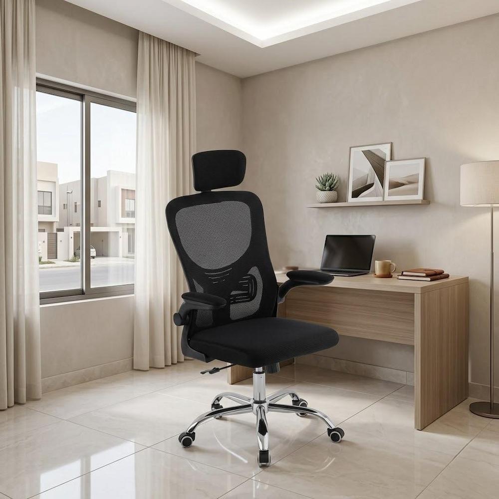  Black mesh office chair with headrest in a modern home office 