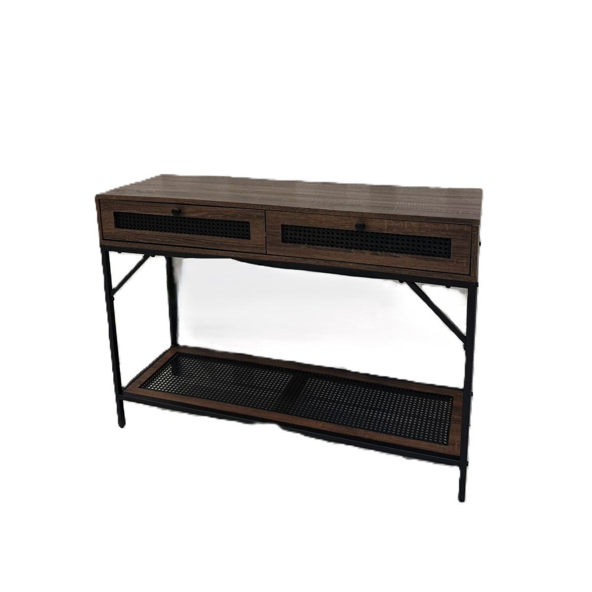 Rattan entryway console with two drawers in dark wood finish 