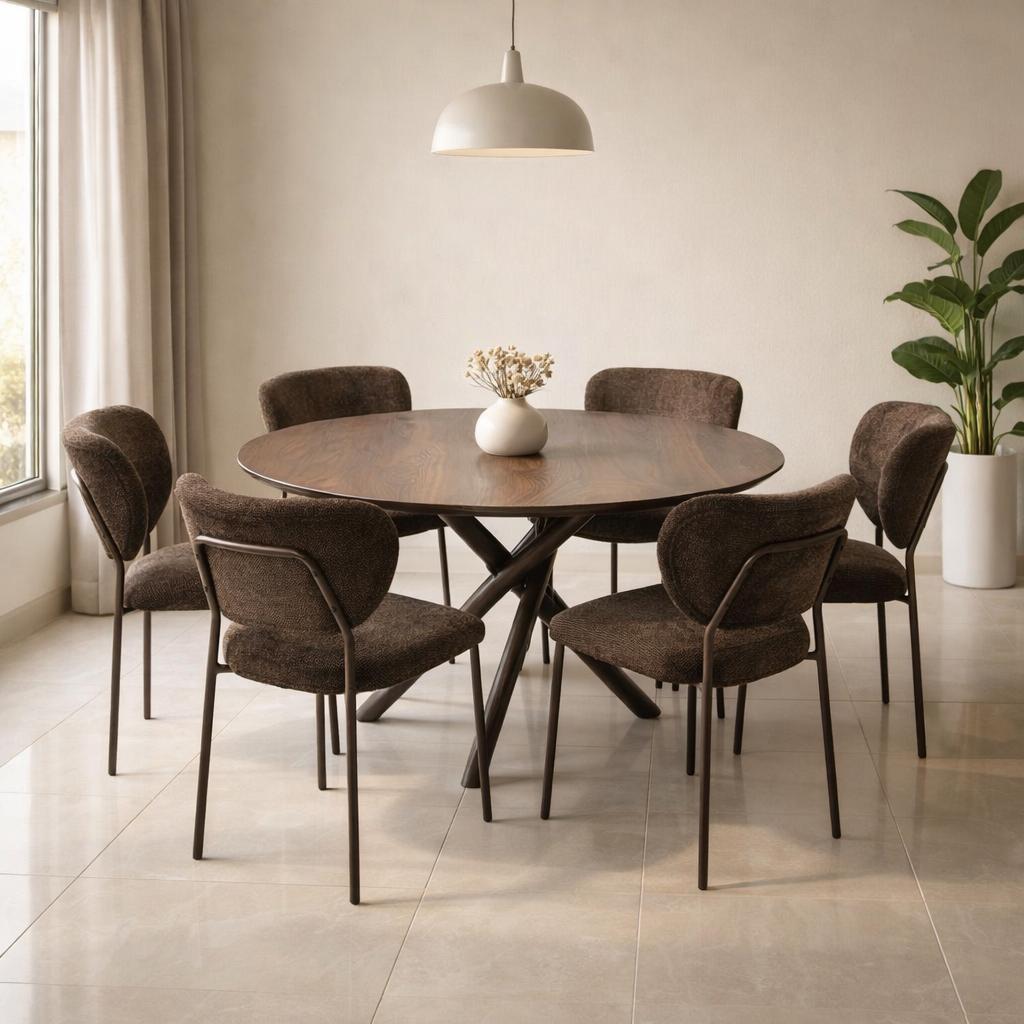  Round brown dining table with modern brown chairs 