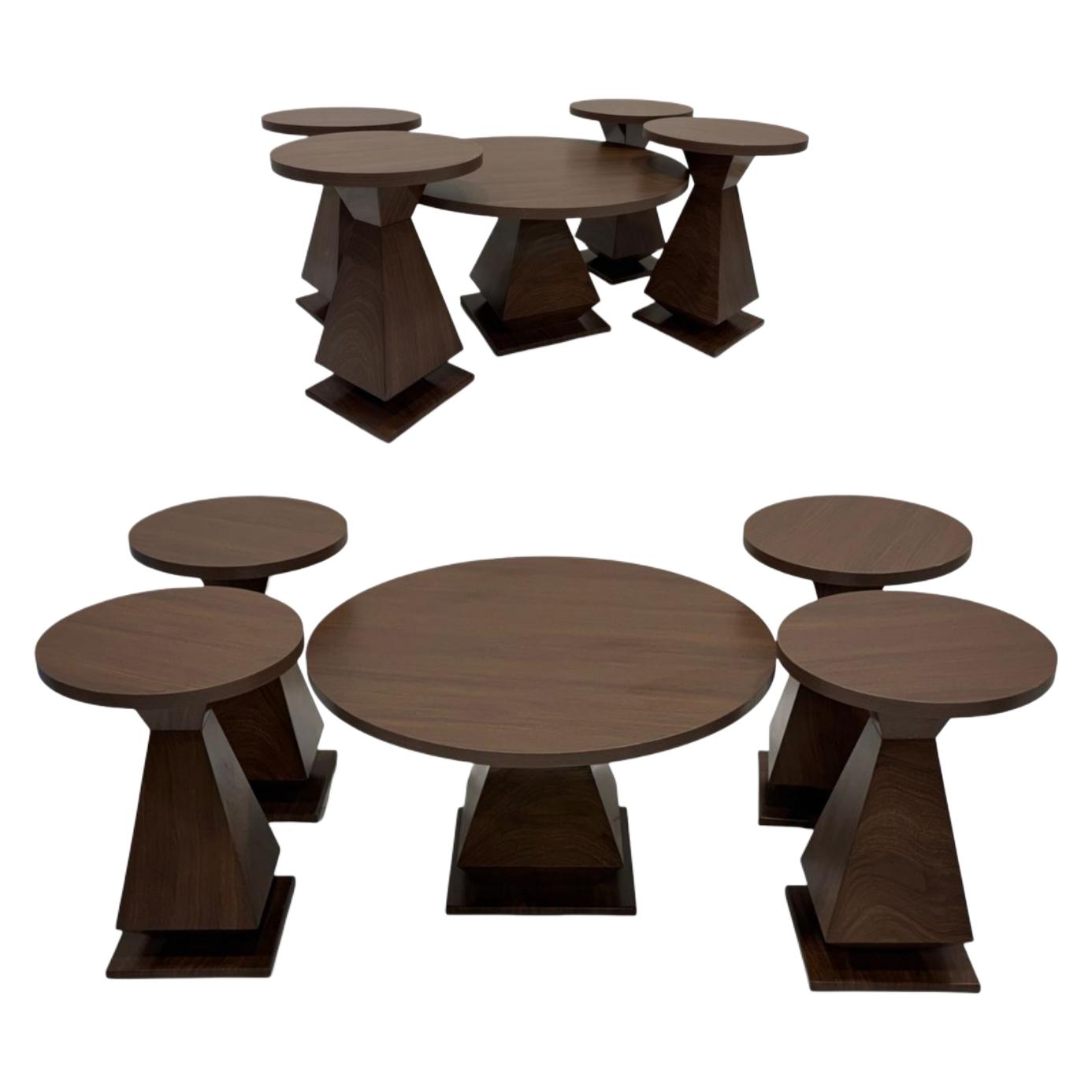  Wooden table set 5 pieces dark brown round design 