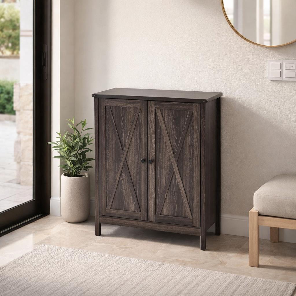  Dark brown wooden cabinet with two cross design doors 