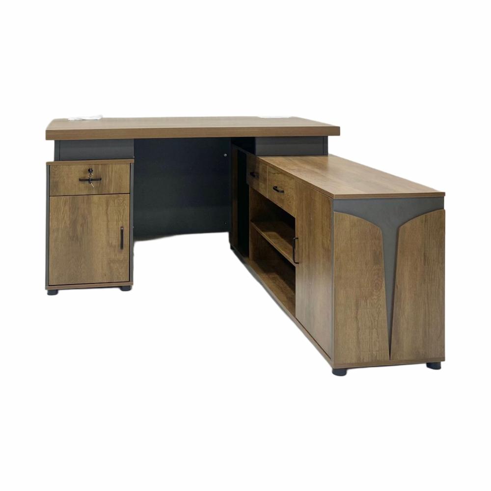  Brown and gray melamine executive desk with side drawers and shelves 