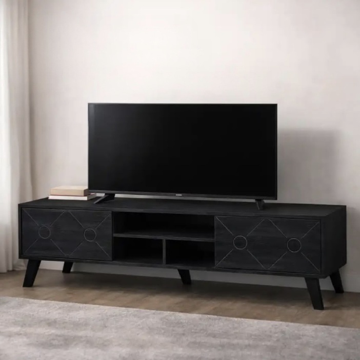  Black TV stand with side cabinets and open shelves 
