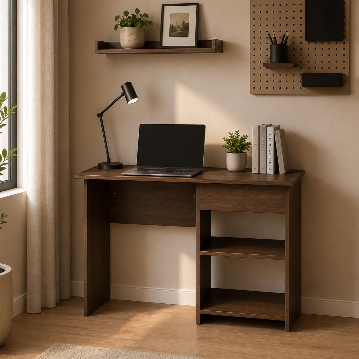  Brown wooden desk with side shelves 