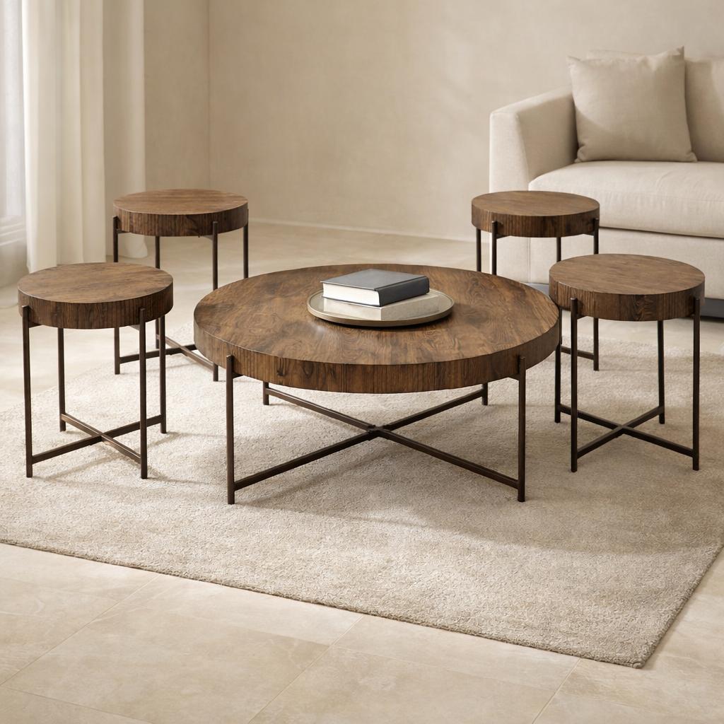  Wooden coffee table set in brown with dark metal base 