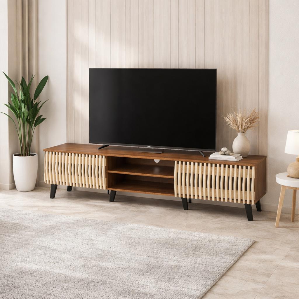  Modern TV stand with dual-tone wooden slatted facade in a contemporary living room 