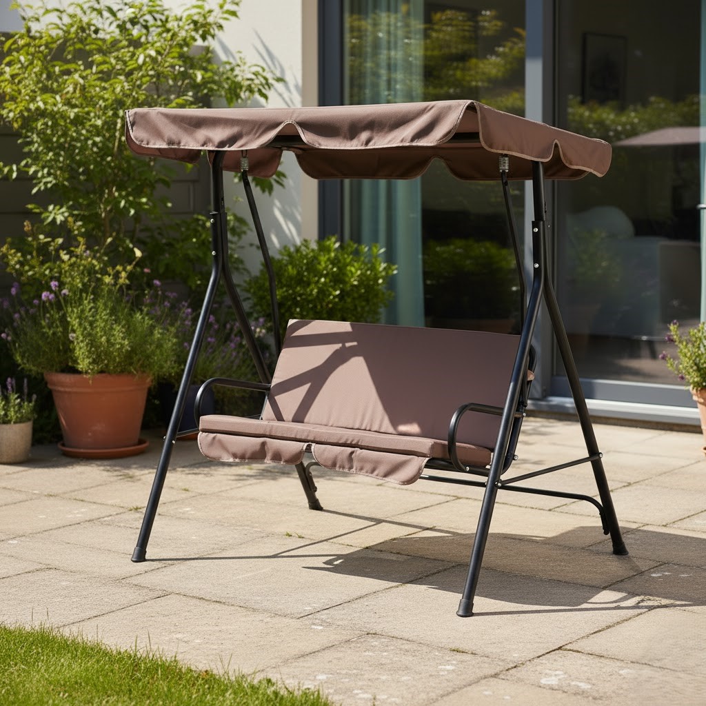  Brown garden swing with fixed canopy for outdoor seating. 