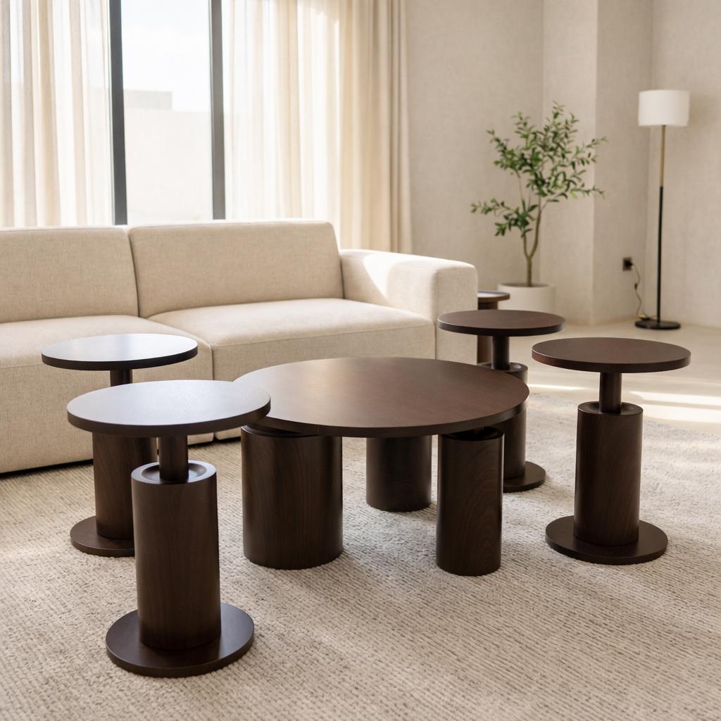  Round coffee table set dark brown wood with 4 side tables 