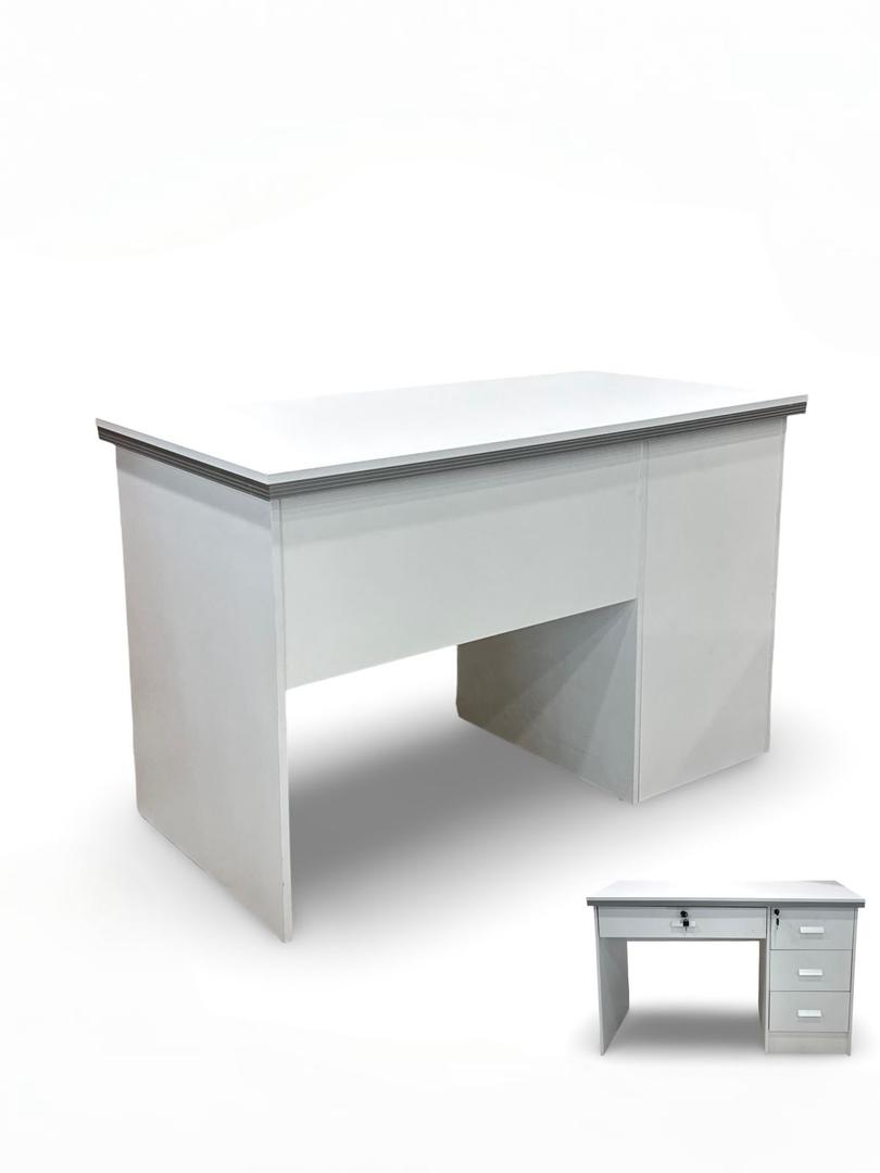  White desk with drawer and side cabinet with multiple drawers 
