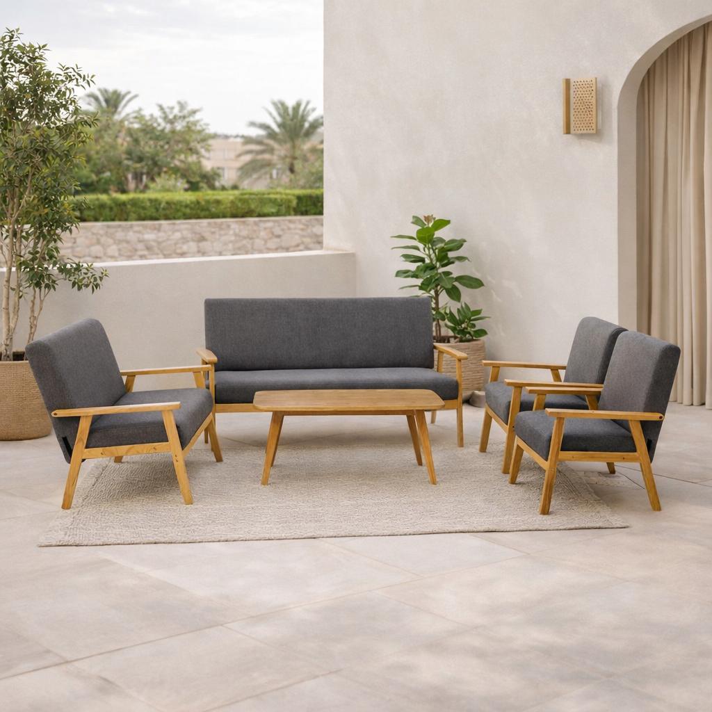  Outdoor seating set including a sofa, two chairs, and a center table with modern design 