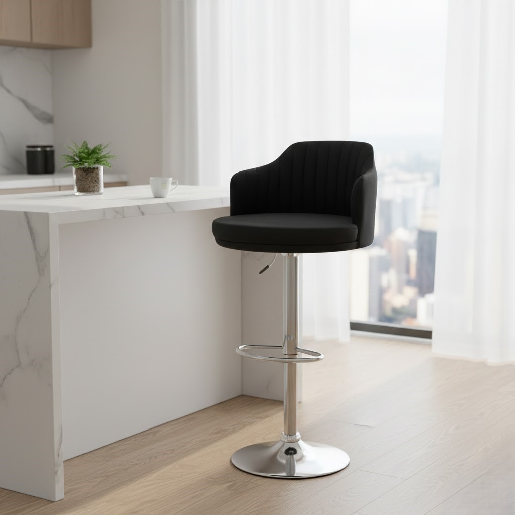  كرسي بار مبطن أسود في ديكور مطبخ عصري 