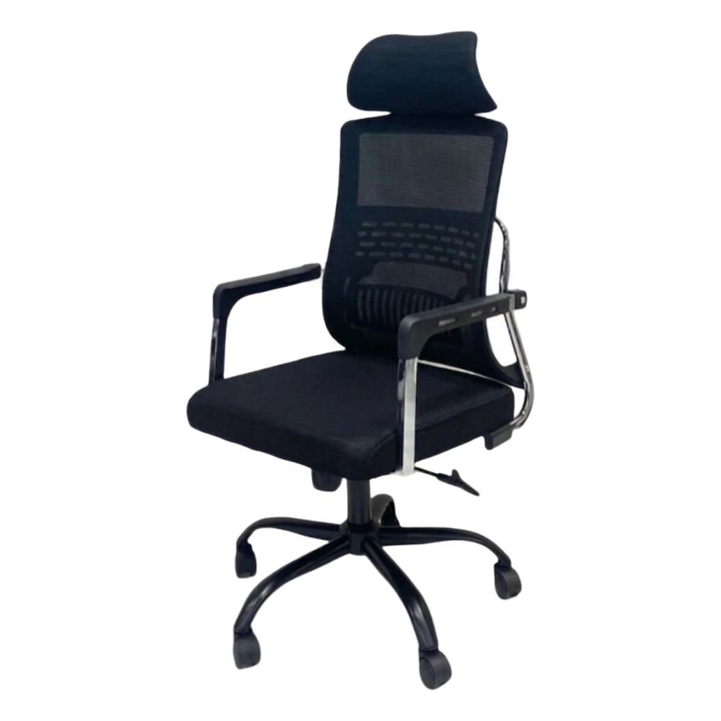  Black executive chair with mesh back, headrest, and wheeled base 