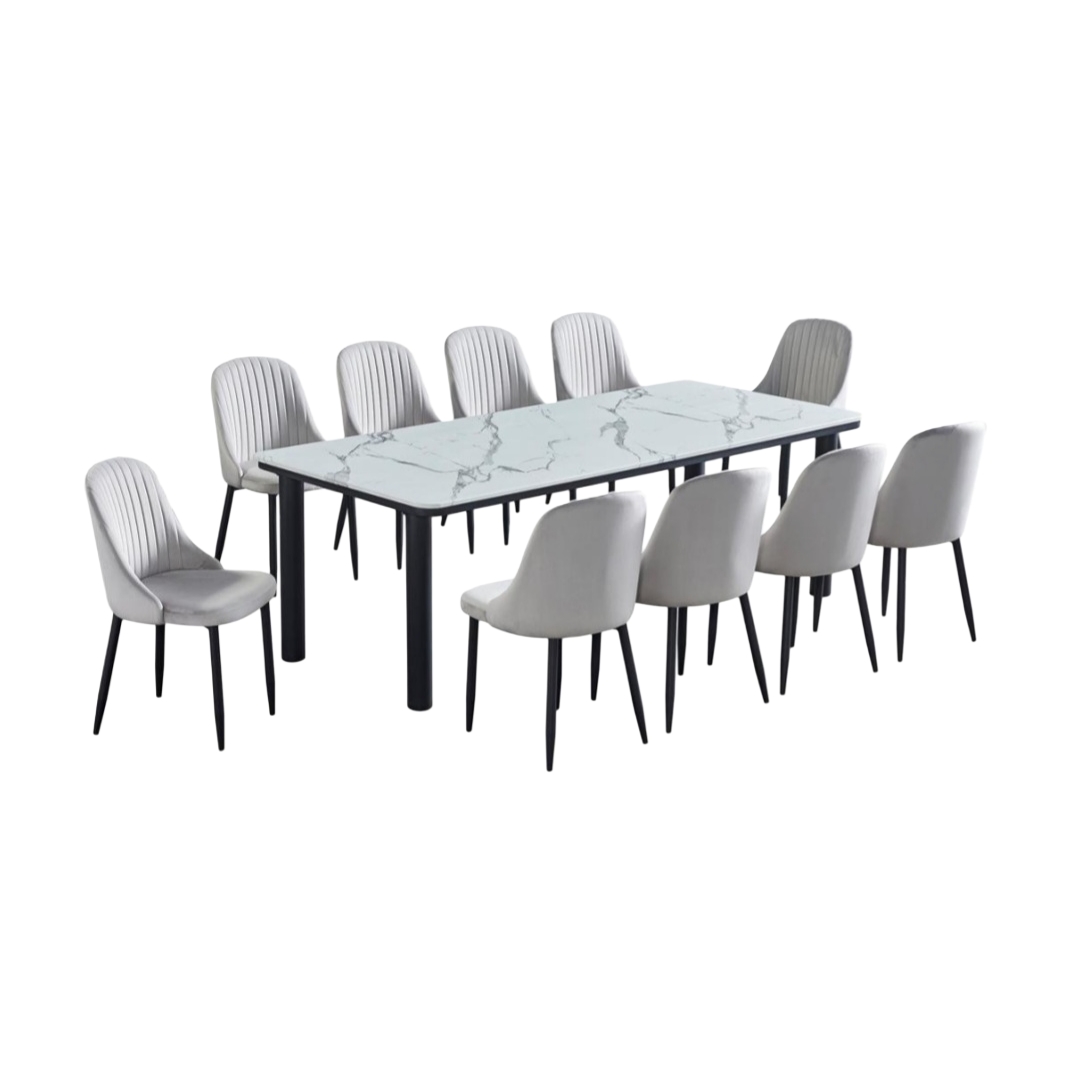  Gray marble dining table with 10 modern chairs 