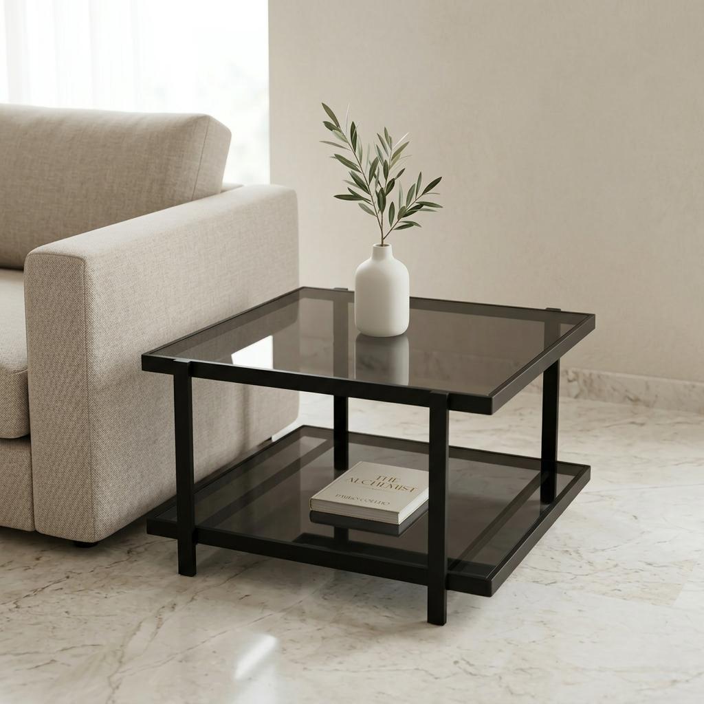  Dark glass side table with black metal frame 