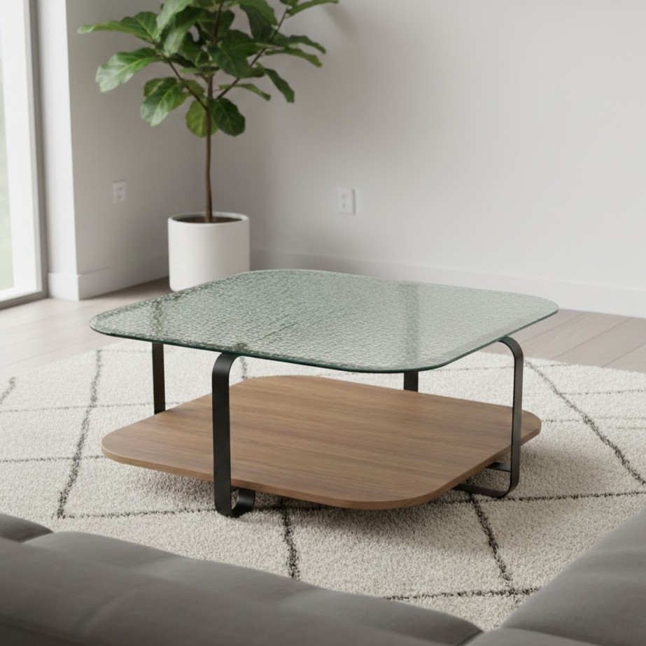  Two-tier glass coffee table in a modern living room 