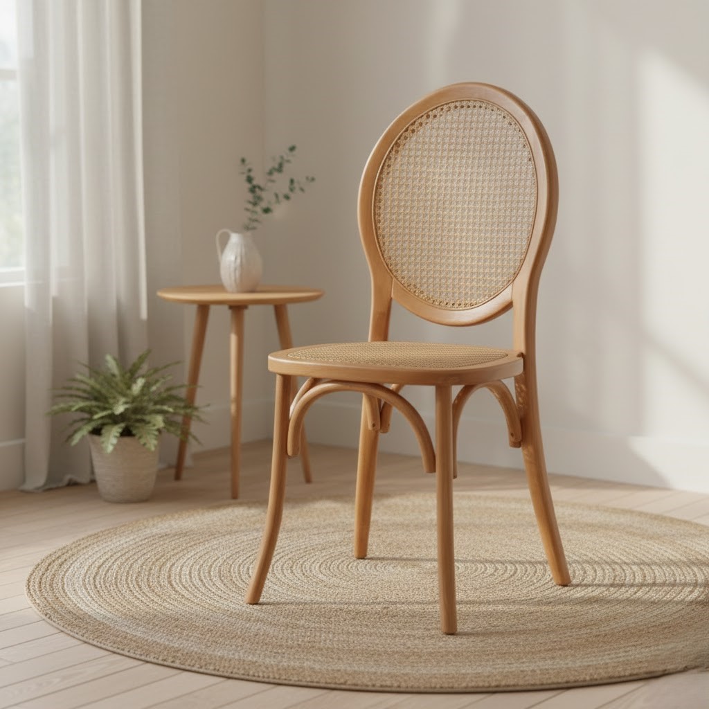  Wooden rattan round chair in natural decor setting 
