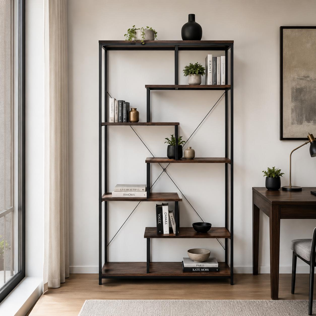 Multi-color storage shelves with black frame and open design 
