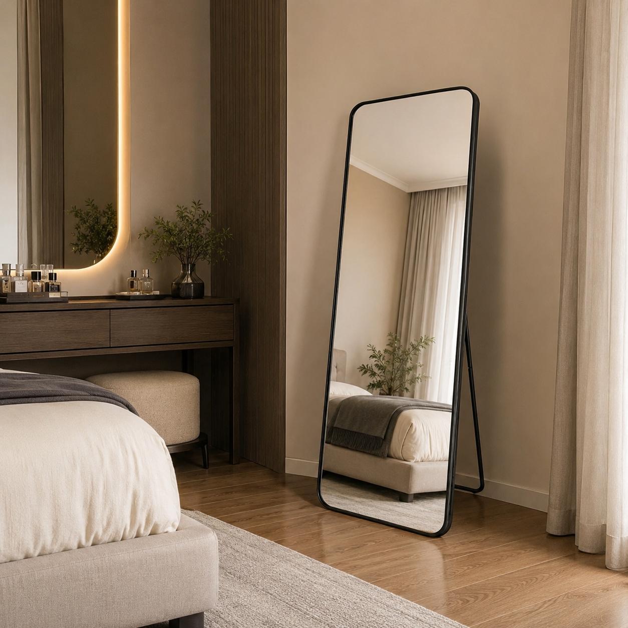  Black standing mirror in modern bedroom 