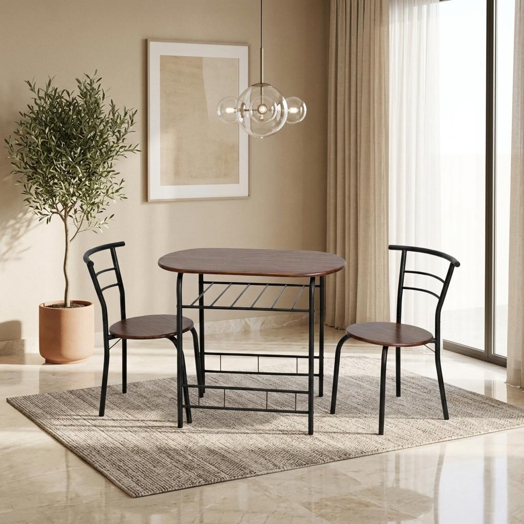  Wood dining table brown color with black metal frame chairs 