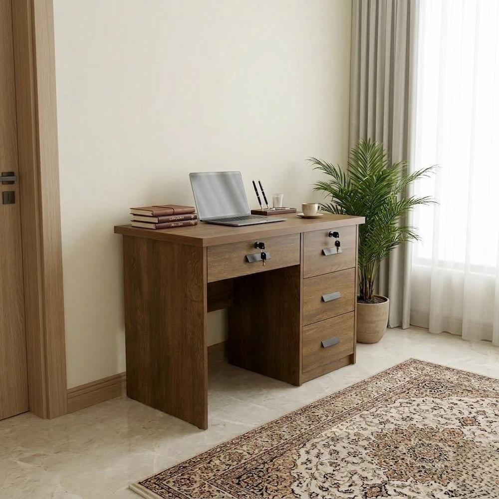  Brown wooden desk with drawers in a stylish home office 