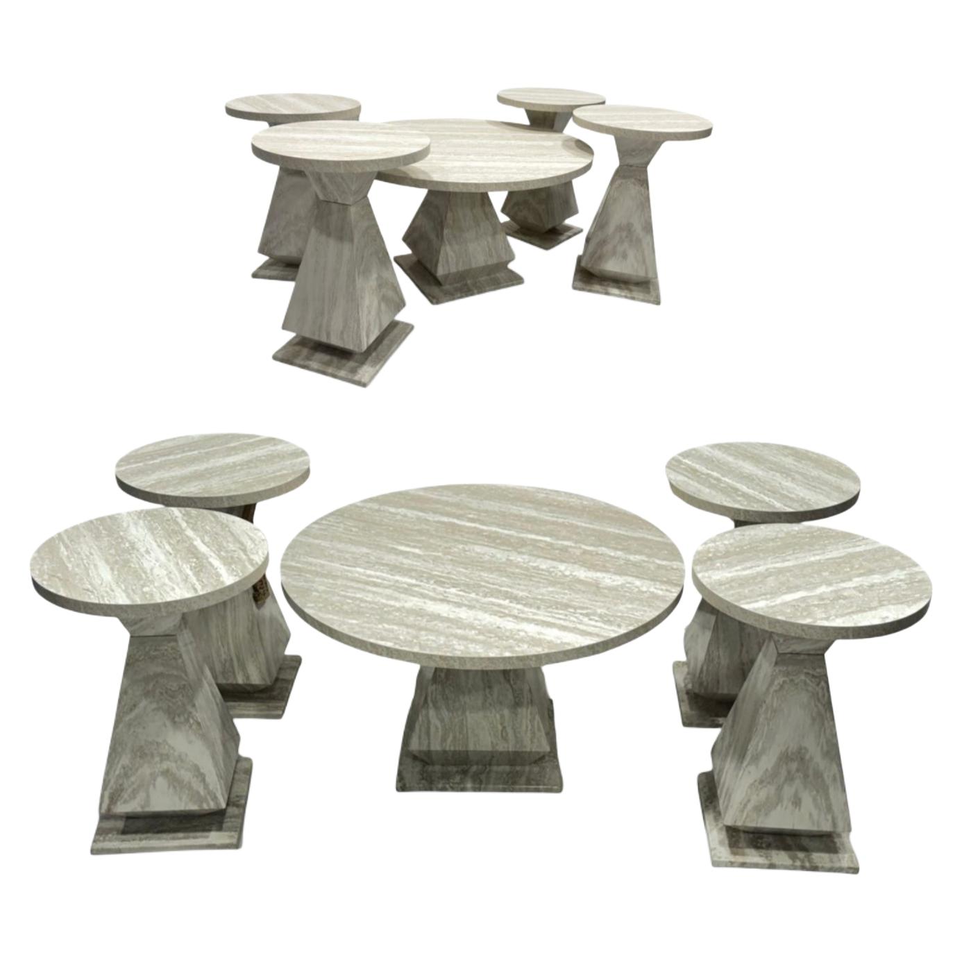  Wooden table set 5 pieces stone grey round design 