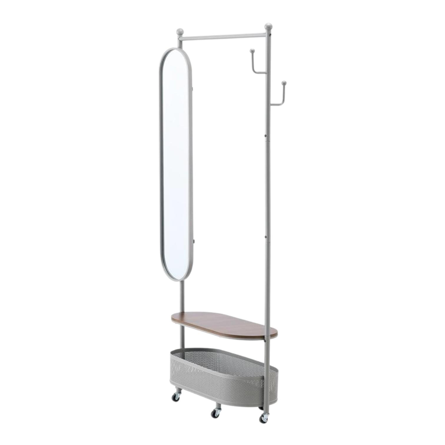  Floor mirror with coat rack and wheels in gray color 