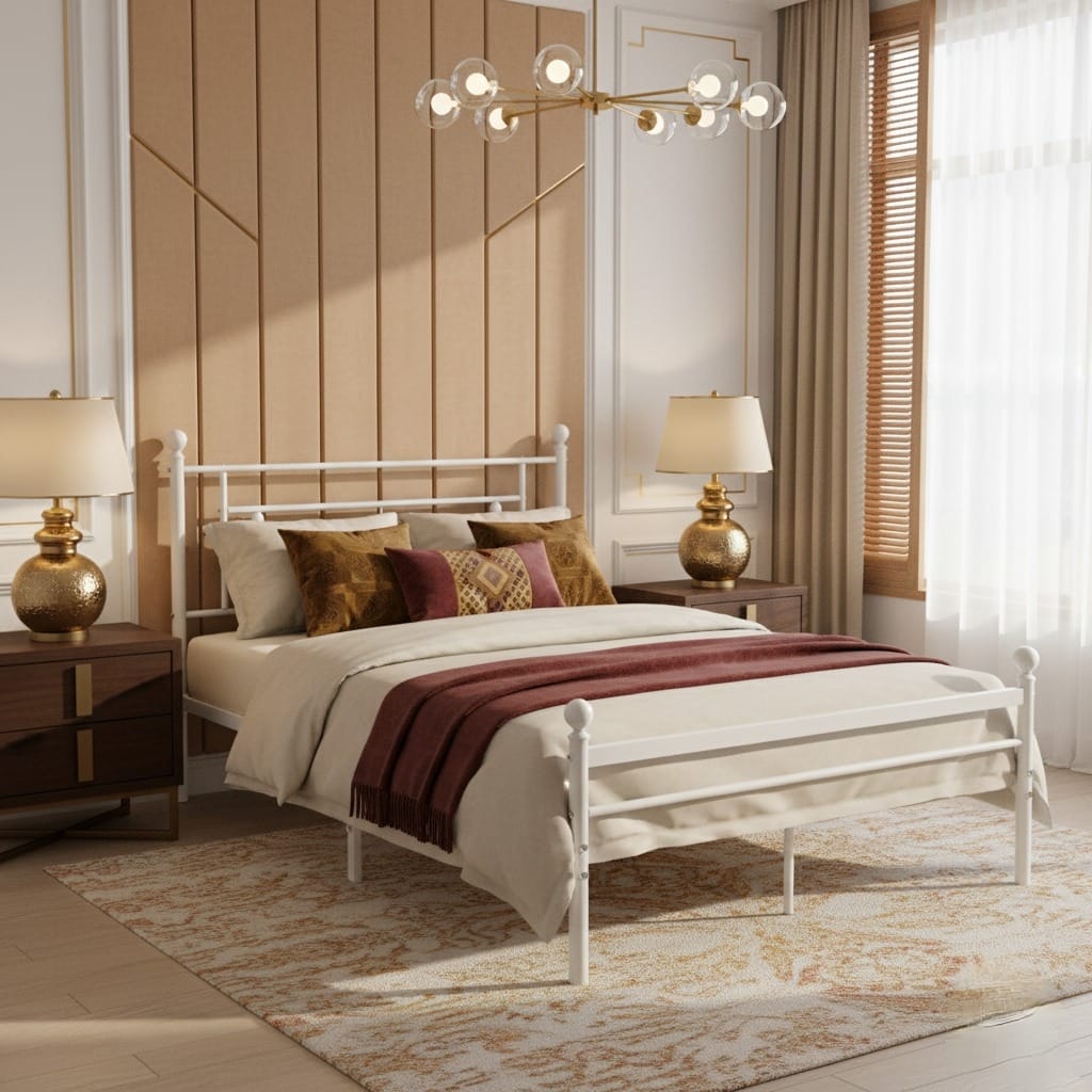  سرير أبيض أنيق داخل غرفة نوم فاخرة بتصميم عصري دافئ 