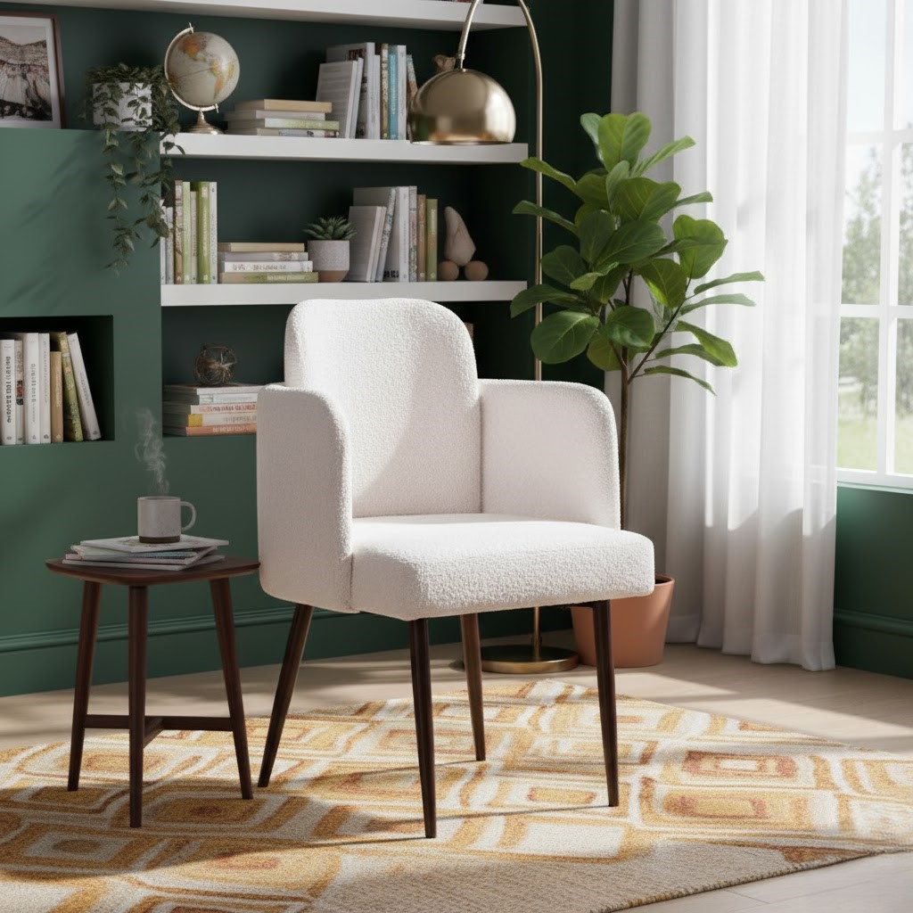 Beige accent chair with black legs in living room 
