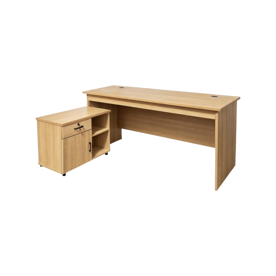  Light wood executive desk with side storage unit 
