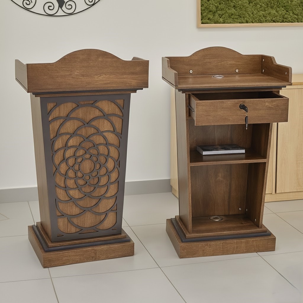  Brown wooden minbar with circular carving, lockable drawer, and shelves 