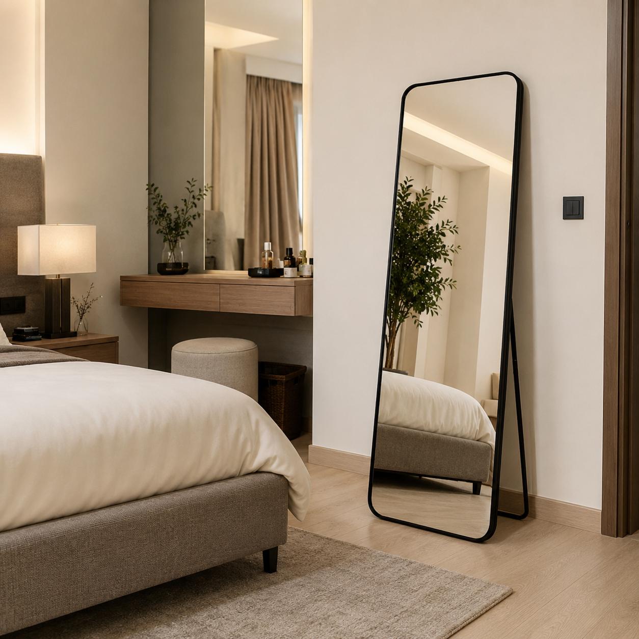  Black standing mirror in modern bedroom 