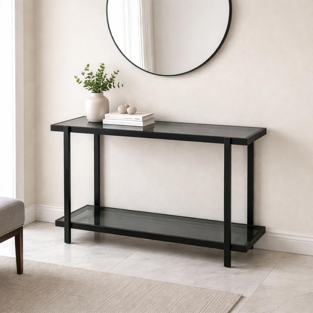  Black console table with smoked glass two levels 
