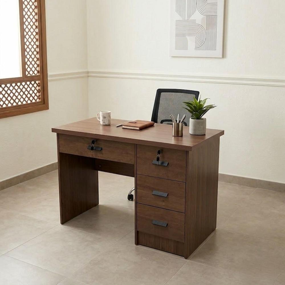  Medium brown wooden desk with drawers in elegant workspace 
