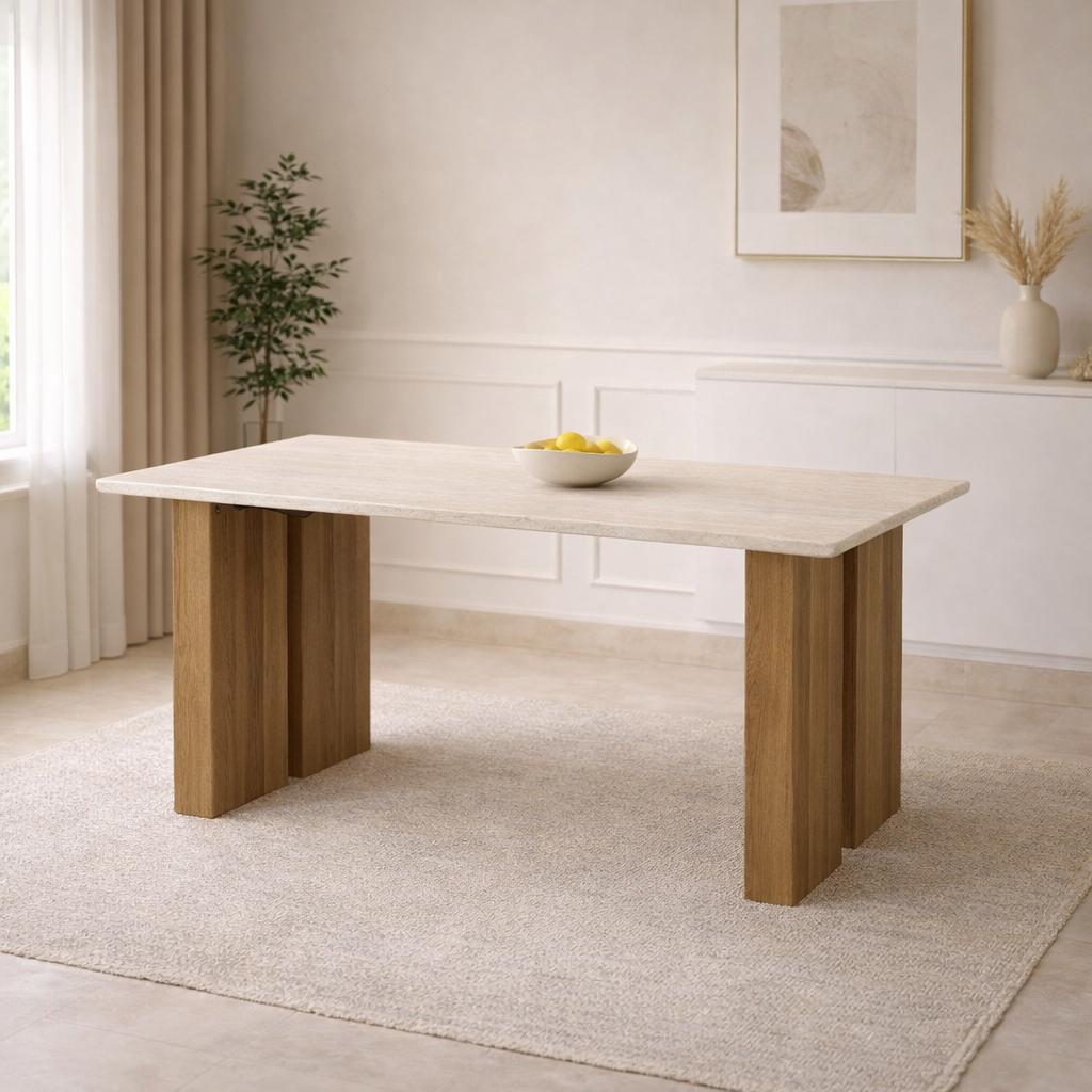  Dining table with light marble top and wooden bases 