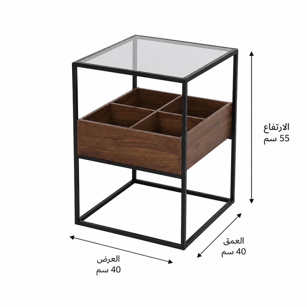  Wooden side table with storage and black frame on white background 
